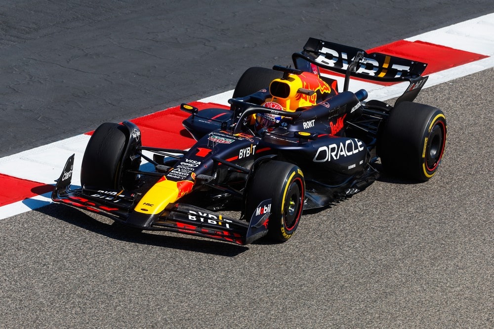 Max Verstappen driving the Red Bull RB20 at Bahrain during 2024 pre-season testing