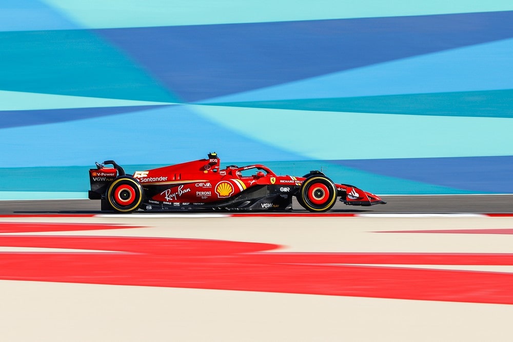 Carlos Sainz driving the Ferrari F1 car in Bahrain during 2024 pre-season testing