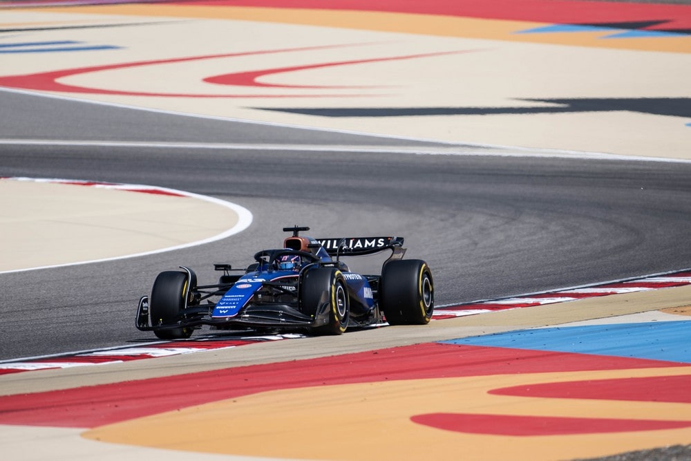 Alex Albon driving the Williams F1 car in Bahrain during 2024 pre-season testing