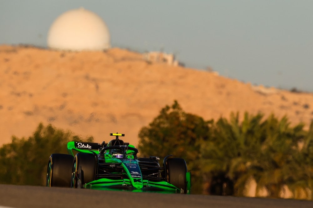 Zhou Guanyu driving the Kick Sauber in Bahrain during 2024 pre-season testing