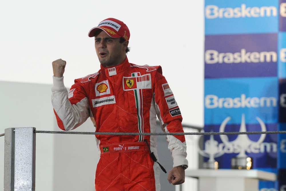 Ferrari driver Felipe Massa standing on the podium