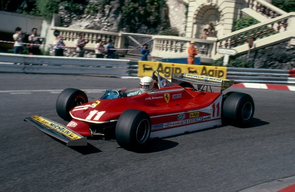 Jody Scheckter racing the Ferrari 312 T4 at the 1979 Monaco Grand Prix