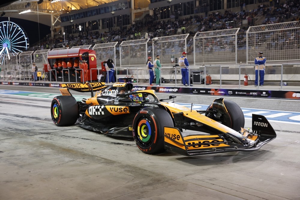 Oscar Piastri driving his McLaren in the pit lane during qualifying for the 2024 Bahrain Grand Prix