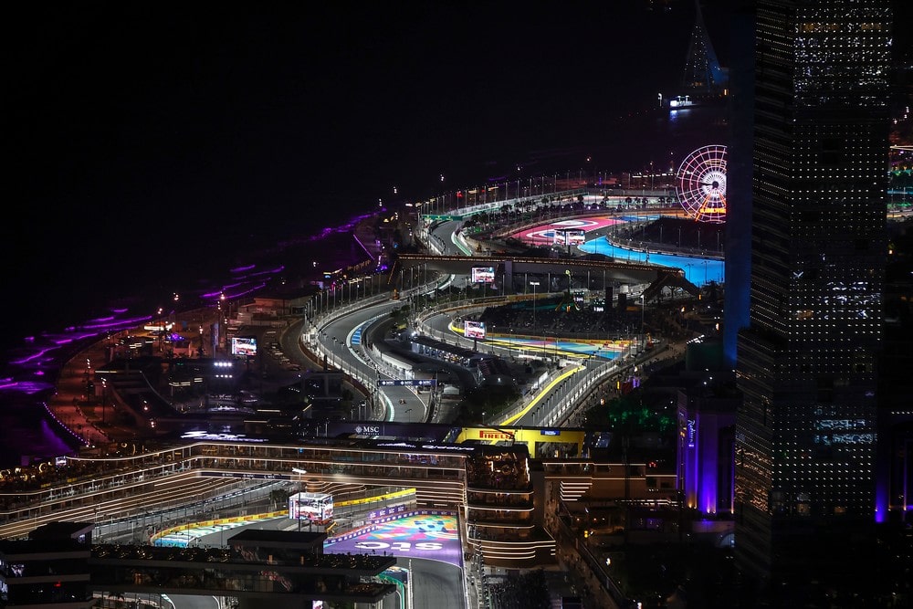 Scenic view of the Jeddah Corniche Circuit at night during the 2024 Saudi Arabian Grand Prix