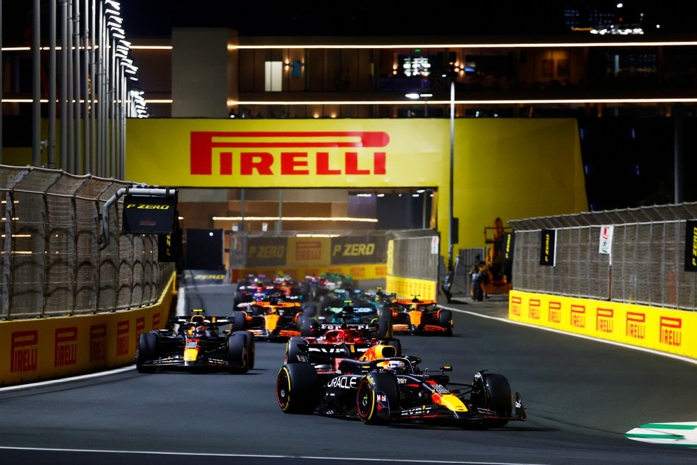 Max Verstappen leading the race at the start of the 2024 Saudi Arabian Grand Prix