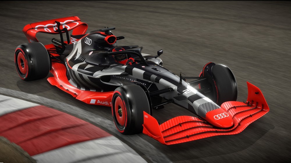 A rendering of an Audi-branded Formula One car.