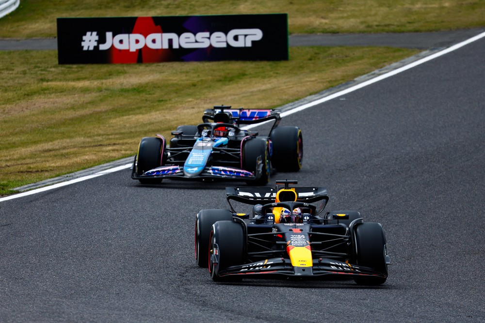 Max Verstappen in front of Esteban Ocon during practice for the 2024 Japanese Grand Prix