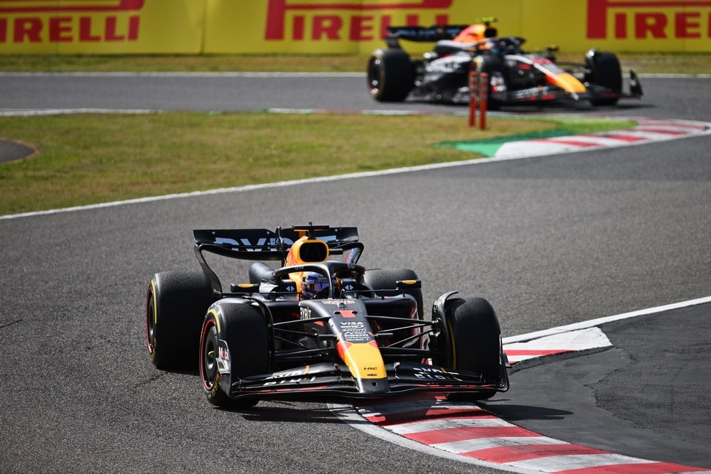 Max Verstappen leading Sergio Perez during the 2024 Japanese Grand Prix