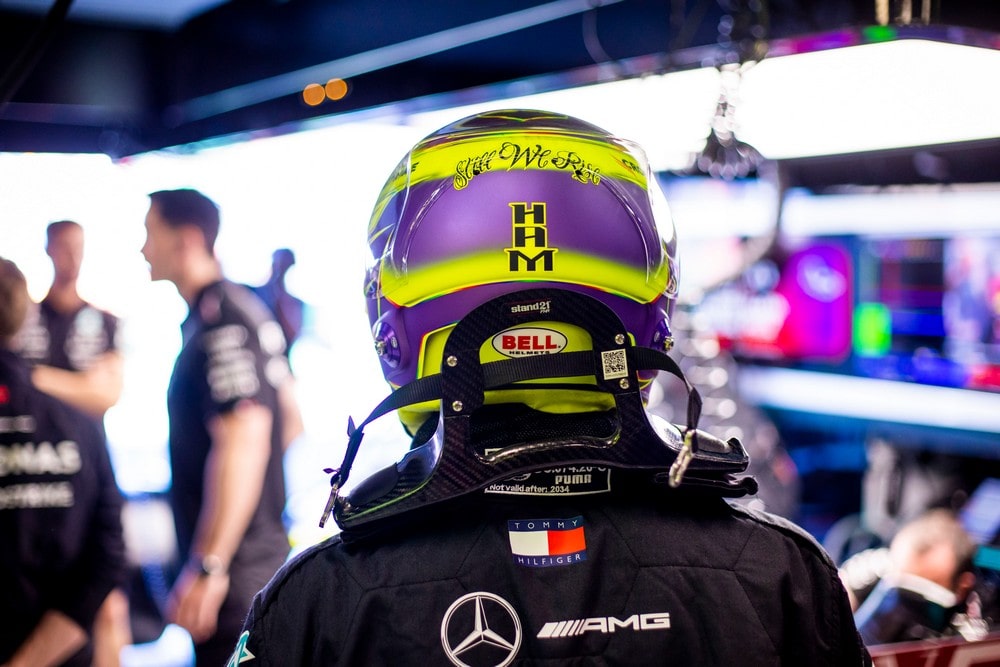 Lewis Hamilton's helmet from behind while standing in the garage at the 2024 Australian Grand Prix