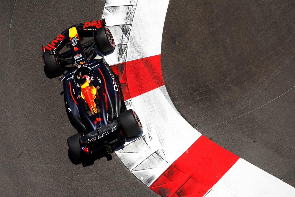 Overhead view of Max Verstappen racing around a corner in the 2024 Monaco Grand Prix