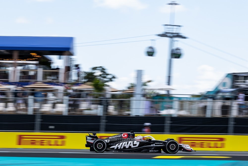 Kevin Magnussen racing his Haas car at the 2024 Miami Grand Prix