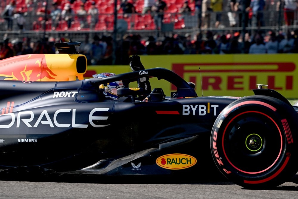 Max Verstappen celebrating qualifying on pole position for the 2024 Imola Grand Prix