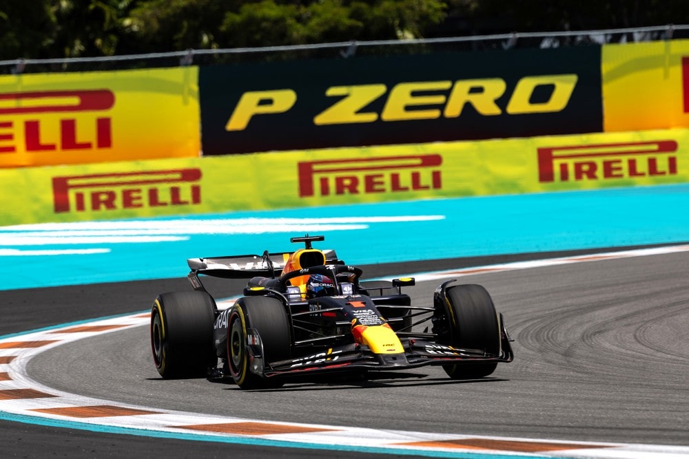 Max Verstappen racing his Red Bull at the 2024 Miami Grand Prix