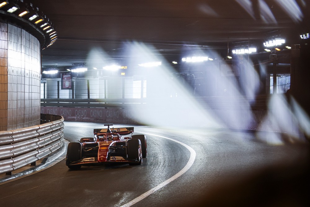 Charles Lecerc drives his Ferrari F1 car through the tunnel at the 2024 Monaco Grand Prix