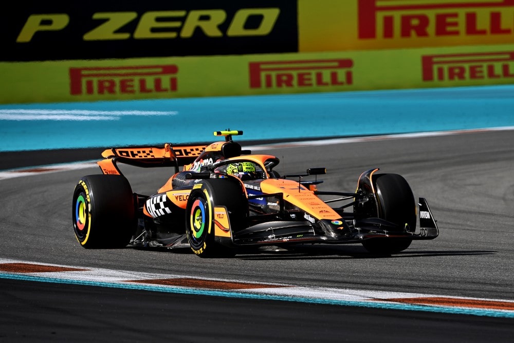 Lando Norris racing his McLaren at the 2024 Miami Grand Prix