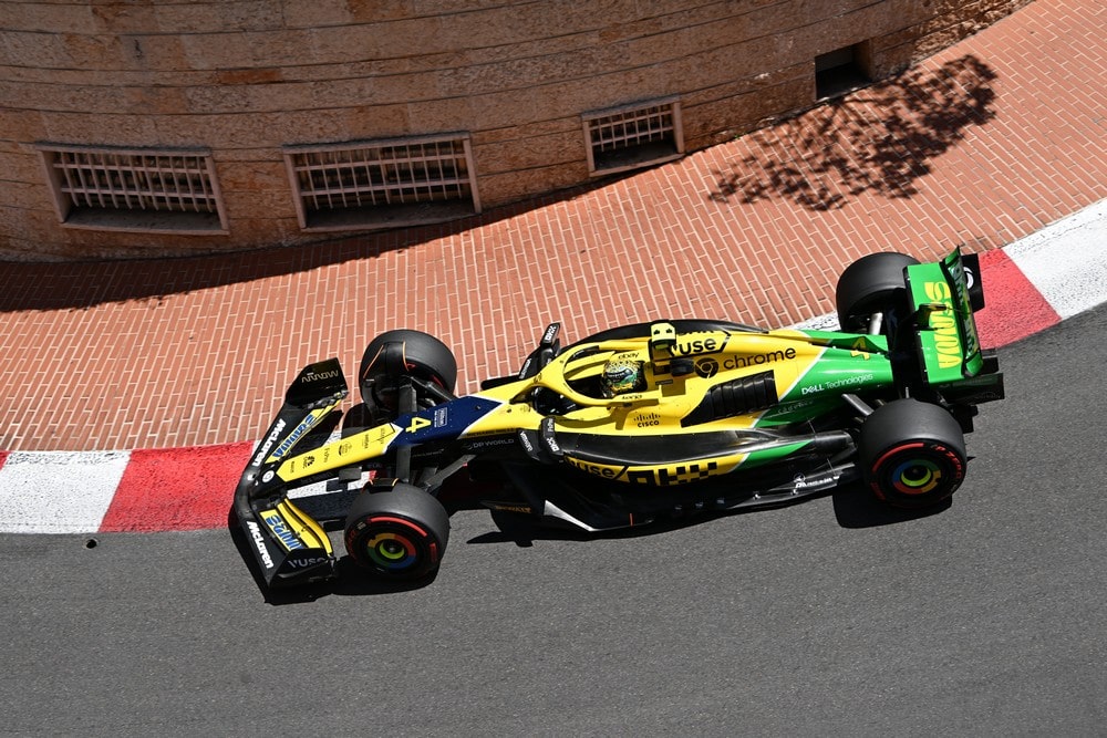 Lando Norris driving a special Senna livery McLaren at the 2024 Monaco Grand Prix