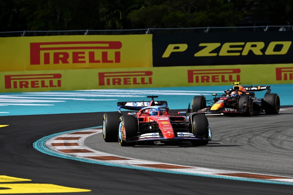 Charles Leclerc leading Sergio Perez at the 2024 Miami Grand Prix