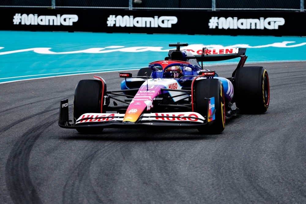 Daniel Ricciardo driving his RB with a special 2024 Miami Grand Prix livery