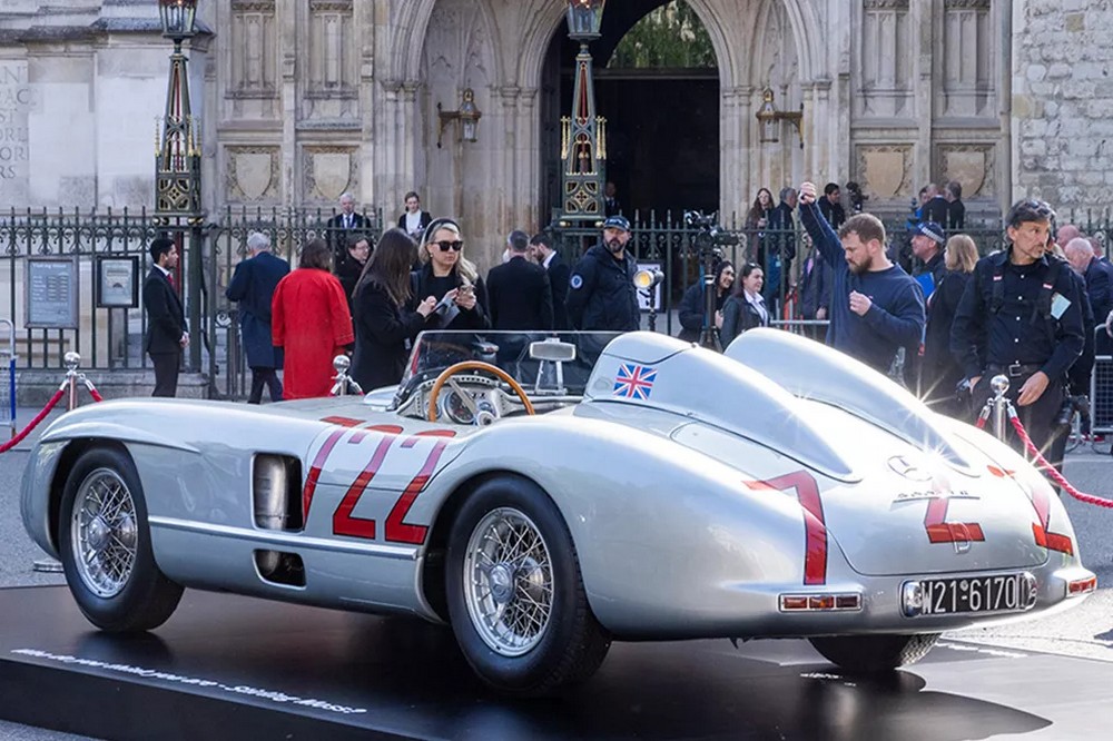 A Mercedes-Benz 300 SLR '722' on display outside Westminster Abbey during the service of Sir Stirling Moss