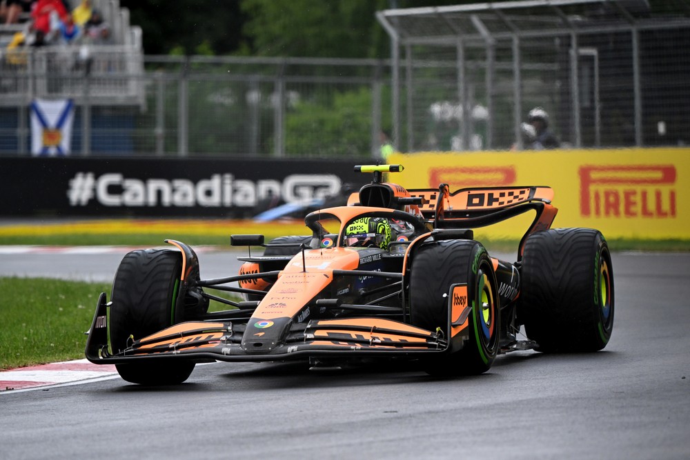 Lando Norris driving in wet conditions during practice for the 2024 Canadian Grand Prix