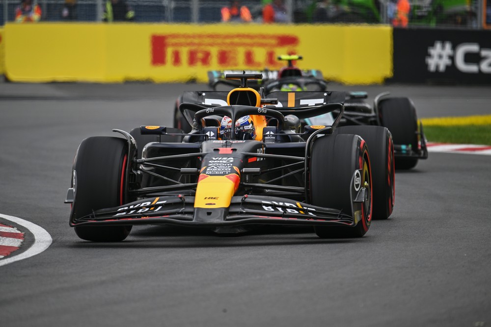 Max Verstappen ahead of Lewis Hamilton during practice for the 2024 Canadian Grand Prix