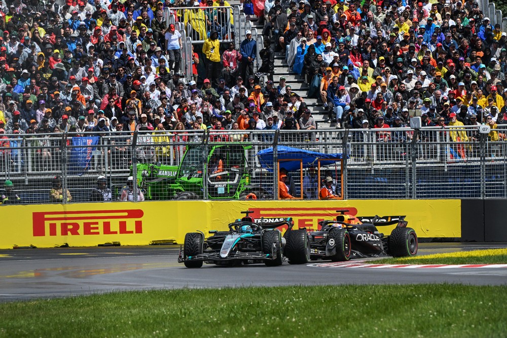 George Russell leads Max Verstappen in a wet 2024 Canadian Grand Prix