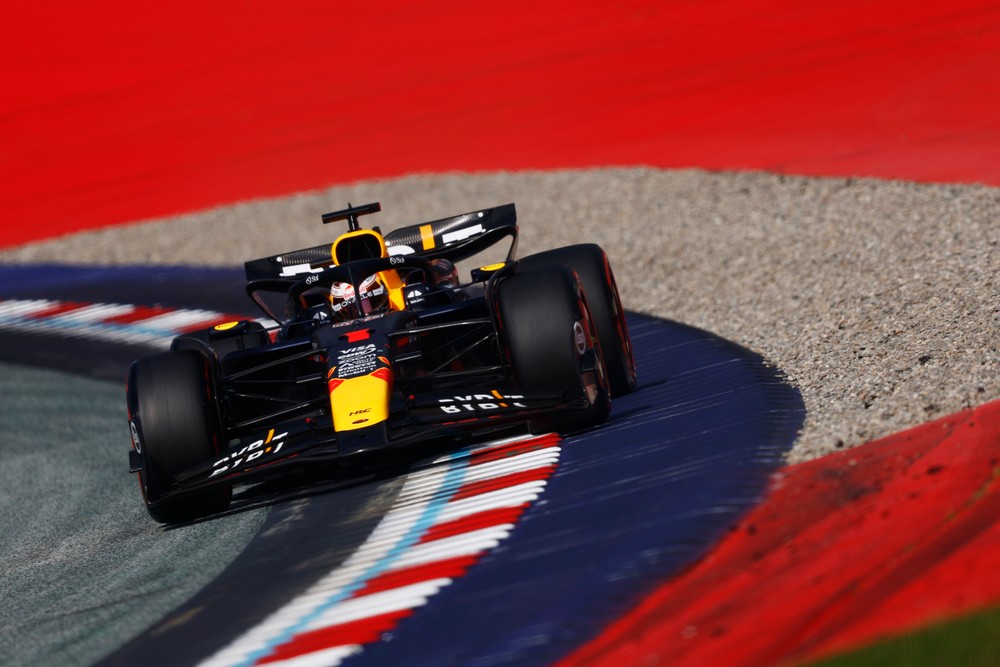 Max Verstappen on the outside of a corner at the 2024 Austrian Grand Prix