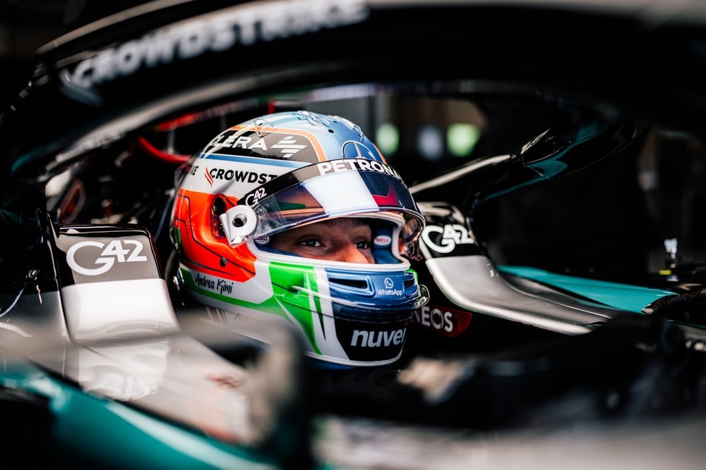 Andrea Kimi Antonelli sitting in a Mercedes F1 car during a 2024 private test