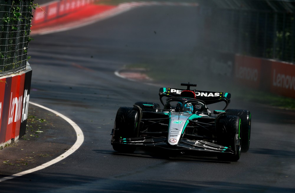 George Russell driving in wet conditions during practice for the 2024 Canadian Grand Prix