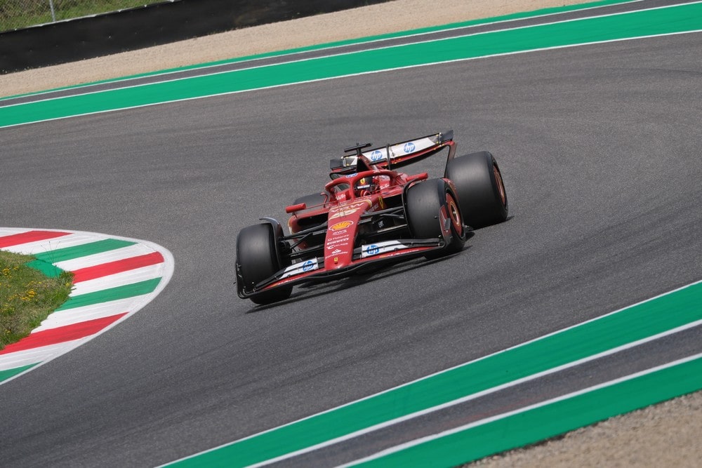 Carlos Sainz driving a Ferrari at the Mugello Circuit during a 2024 Pirelli tyre test