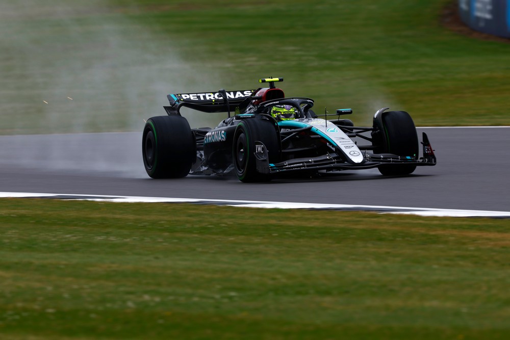 Lewis Hamilton in damp conditions during practice for the 2024 British Grand Prix