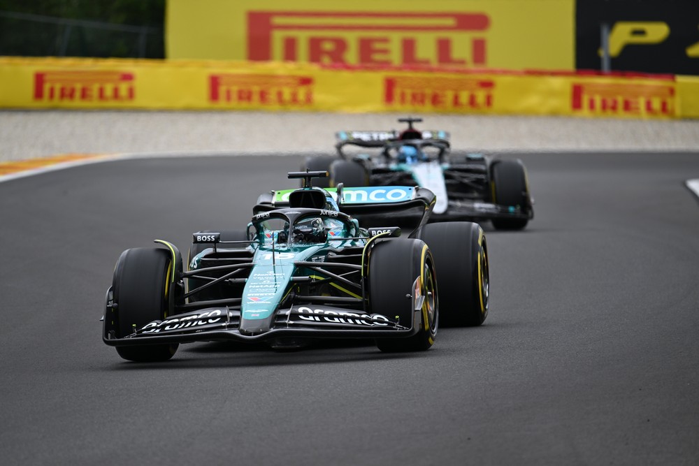 Lance Stroll leads George Russell during practice for the 2024 Belgian Grand Prix