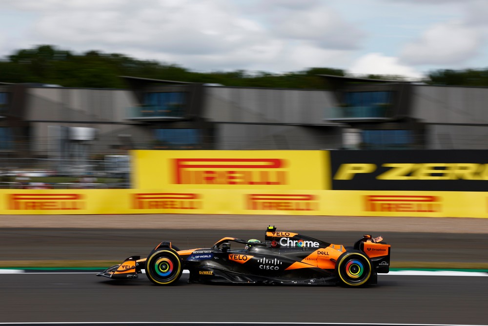 A side view of Lando Norris' McLaren during practice for the 2024 British Grand Prix