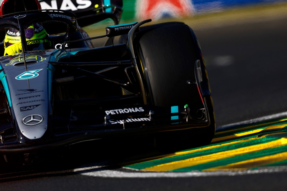 Close up of Lewis Hamilton's car rounding the apex of a corner during practice for the 2024 Hungarian Grand Prix