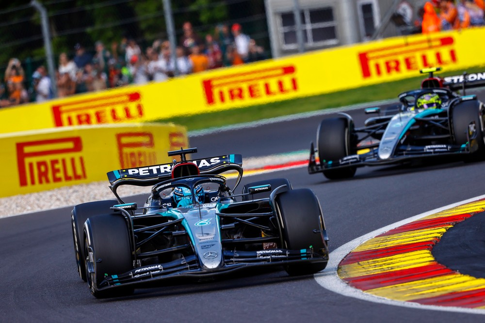 George Russell leads teammate Lewis Hamilton during the 2024 Belgian Grand Prix