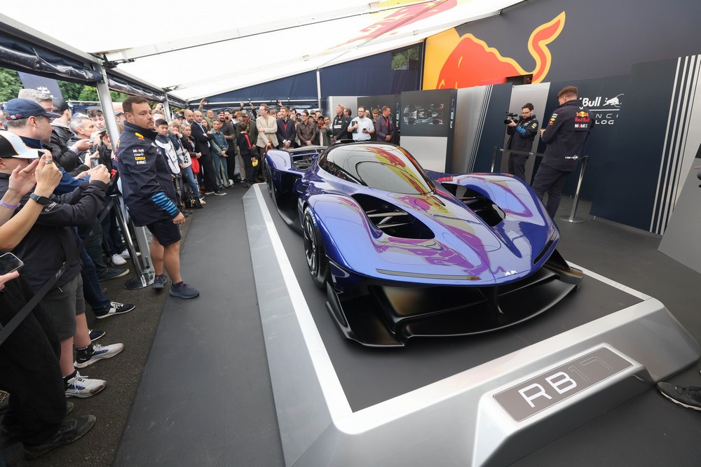 A crowd gathers around the Red Bull RB17 hypercar on display at the 2024 Goodwood Festival of Speed