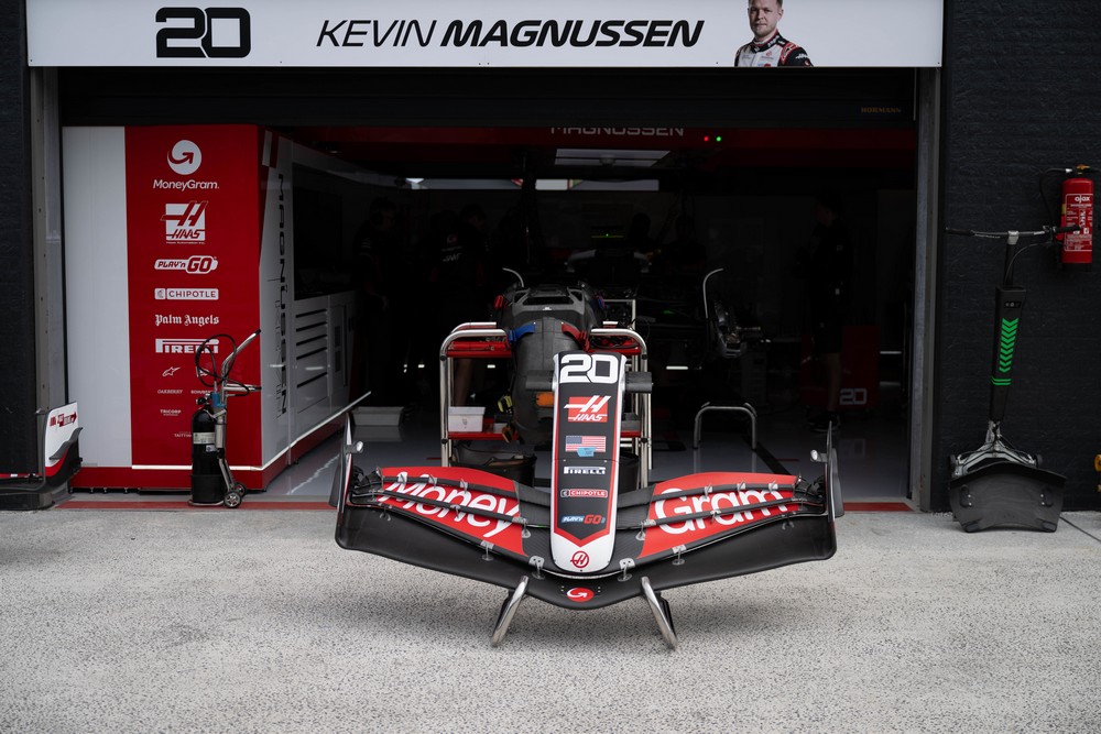 The front wing of Kevin Magnussen's car sitting outside the Haas garage at the 2024 Dutch Grand Prix