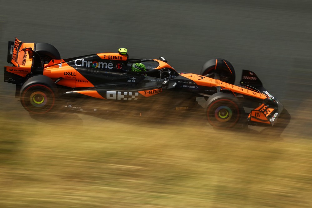 Lando Norris speeding past the camera during practice for the 2024 Dutch Grand Prix