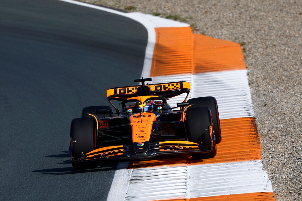 Oscar Piastri on the kerbs at corner exit during practice for the 2024 Dutch Grand Prix