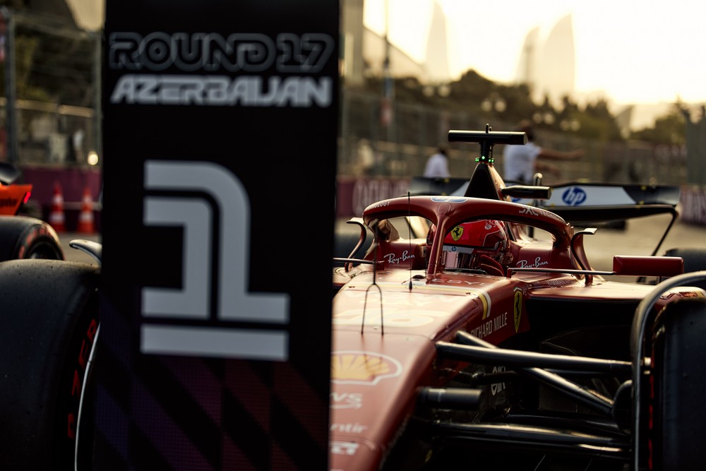 Charles Lecerlc parks behind the P1 marker board at the end of qualifying for the 2024 Azerbaijan Grand Prix