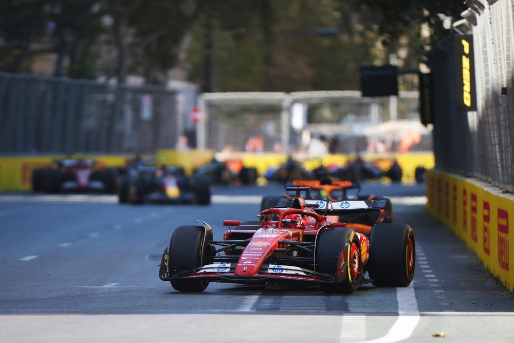 Charles Leclerc leads the field at the start of the 2024 Azerbaijan Grand Prix