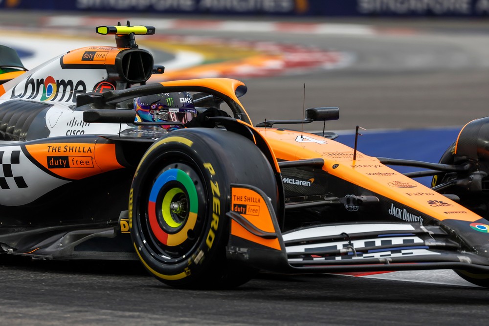 Lando Norris driving on medium tyres during practice for the 2024 Singapore Grand Prix