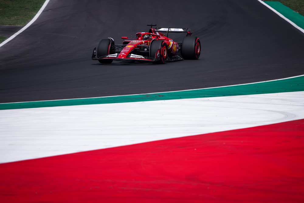 Charles Leclerc races by the Italian-coloured runoff area during practice for the 2024 Italian Grand Prix