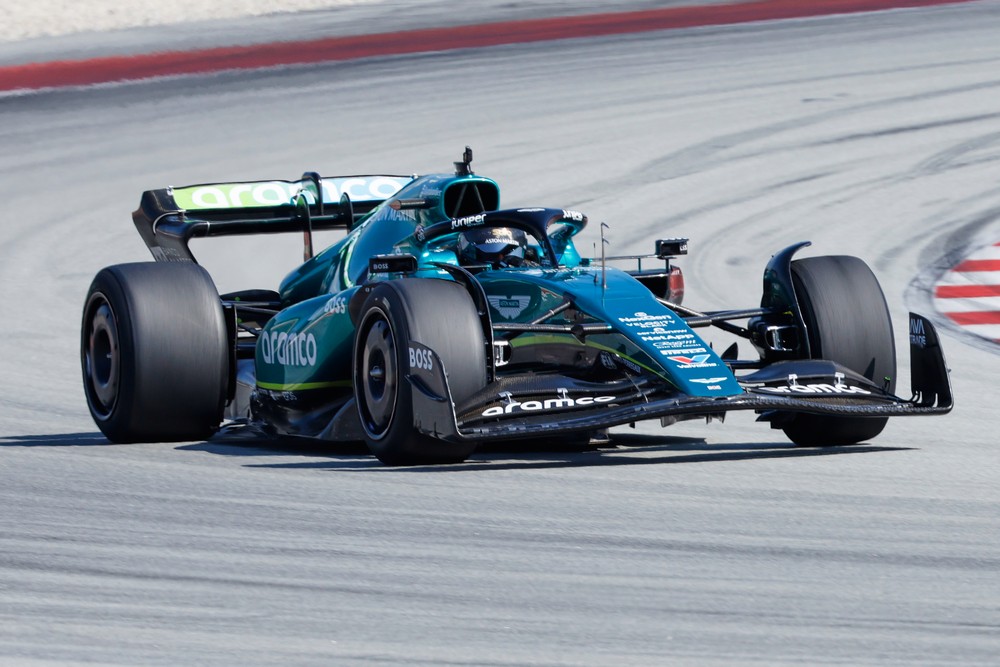 Aston Martin reserve driver Felipe Drugovich testing the 2026 Pirelli tyres during a 2024 two-day test at the Circuit de Barcelona-Catalunya