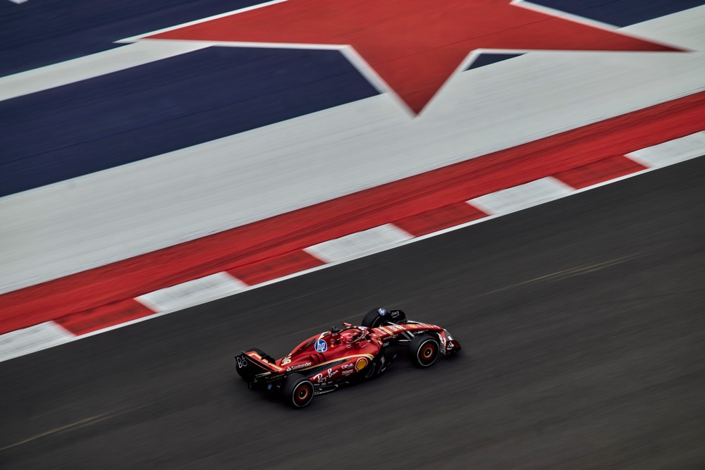 Overhead view of Charles Leclerc with star-decorated kerbs at the 2024 United States Grand Prix