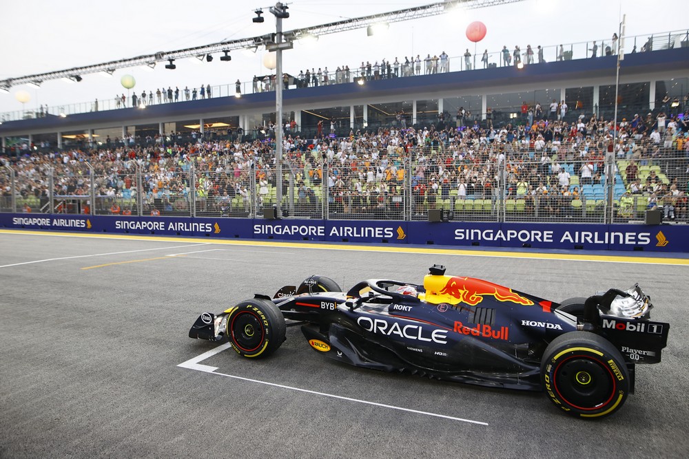 The Red Bull of Max Verstappen sits on the grid during practice for the 2024 Singapore Grand Prix