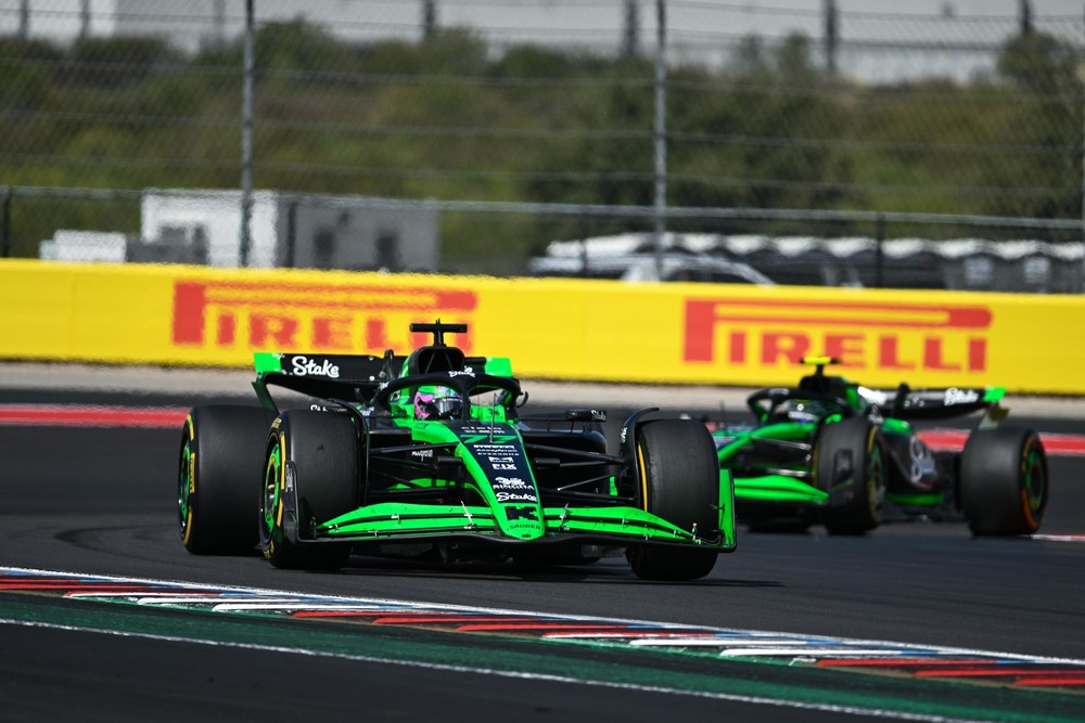 Valtteri Bottas in the foreground closely followed by Sauber teammate Guanya Zhou at the 2024 United States Grand Prix