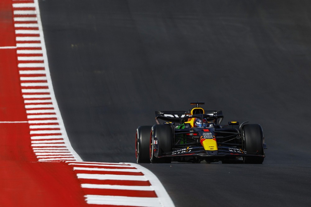 Max Verstappen racing up a hill during practice for the 2024 United States Grand Prix