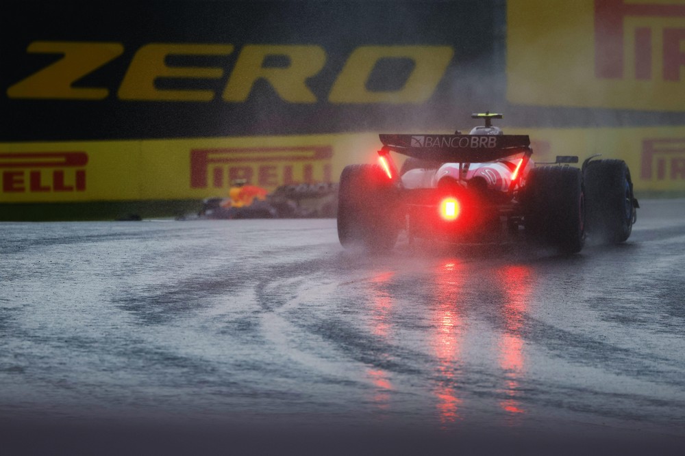 Rear view of Pierre Gasly in wet conditions during qualifying for the 2024 Brazilian Grand Prix