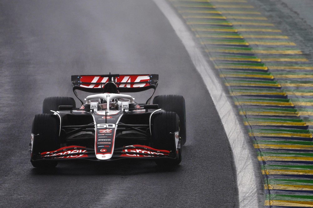 Oliver Bearman driving in wet conditions during qualifying for the 2024 Brazilian Grand Prix